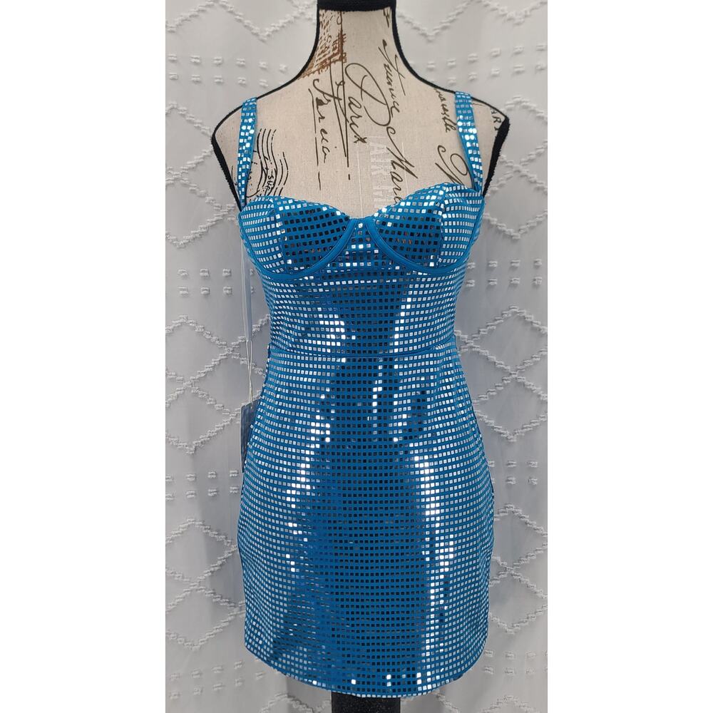Sparkly mini party dress Blue mini silver metallic detail bodycon dress Size 0